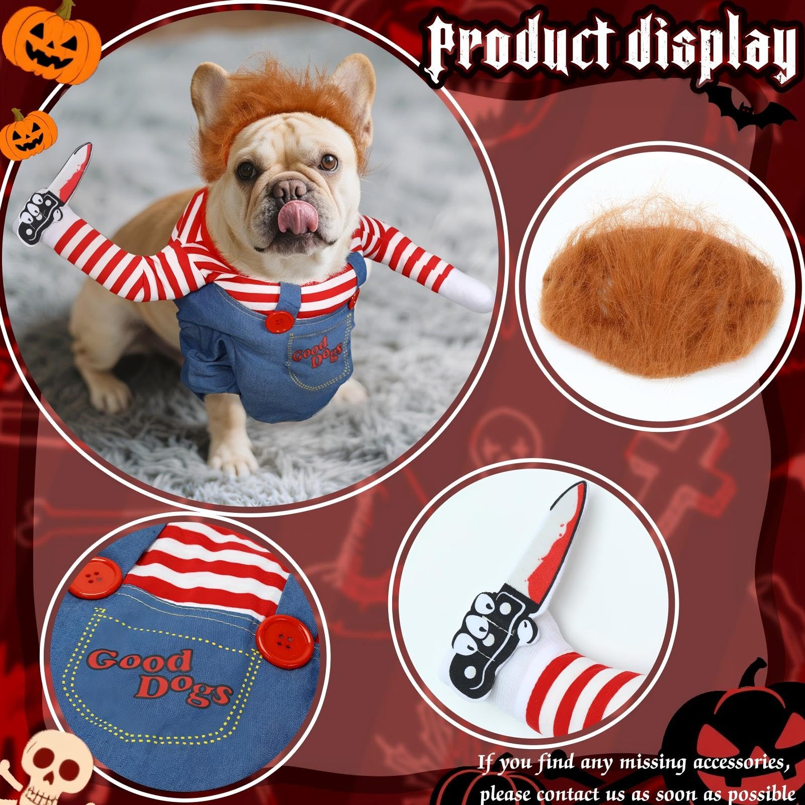 T2Y chien portant le costume Chucky pour photos amusantes sécurisées