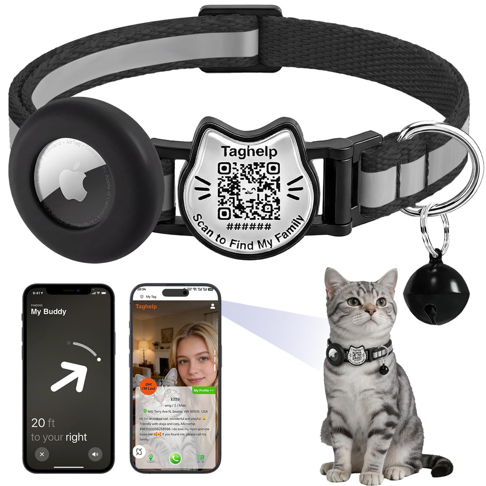 Taghelp collier chat face avant noir, design sécurisé et élégant