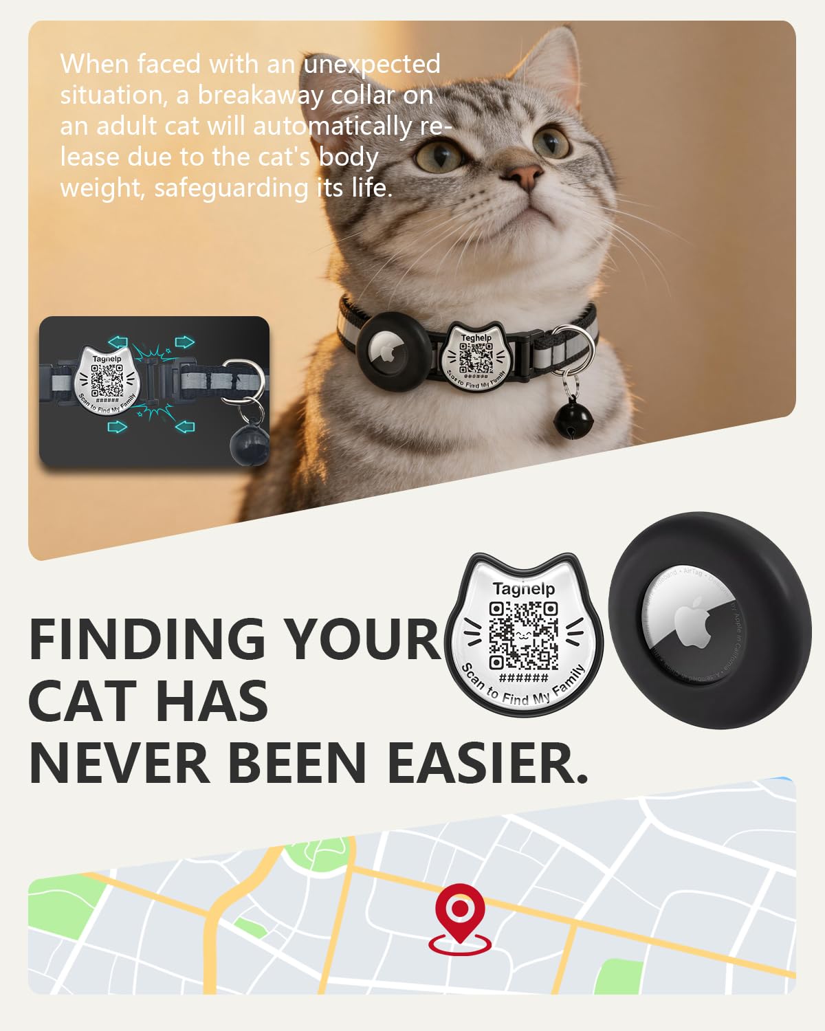 Taghelp collier posé à côté d'une main pour comparaison de taille