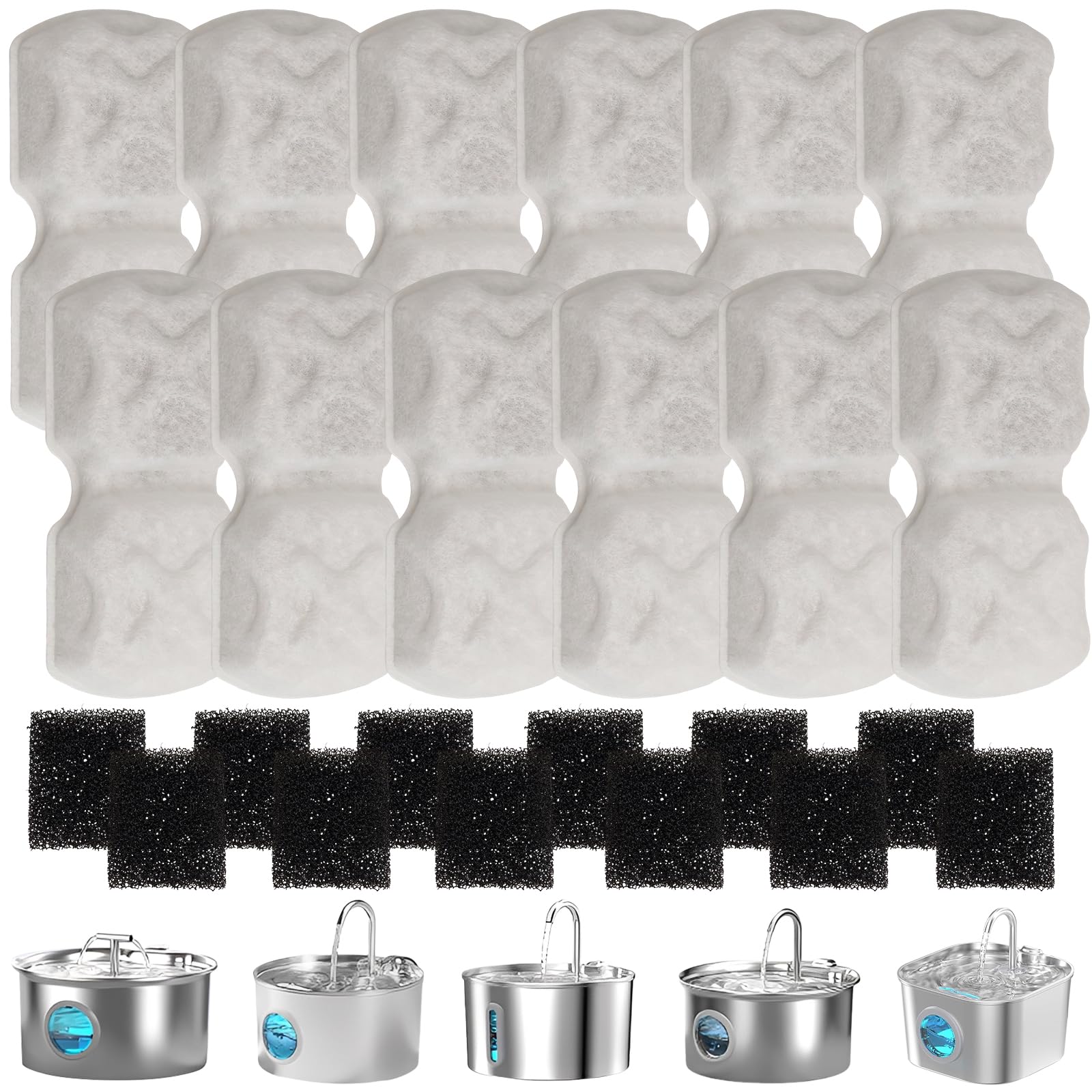 TAIIYAA emballage frontal montrant 24 filtres et mousses pour fontaine, gain de confort