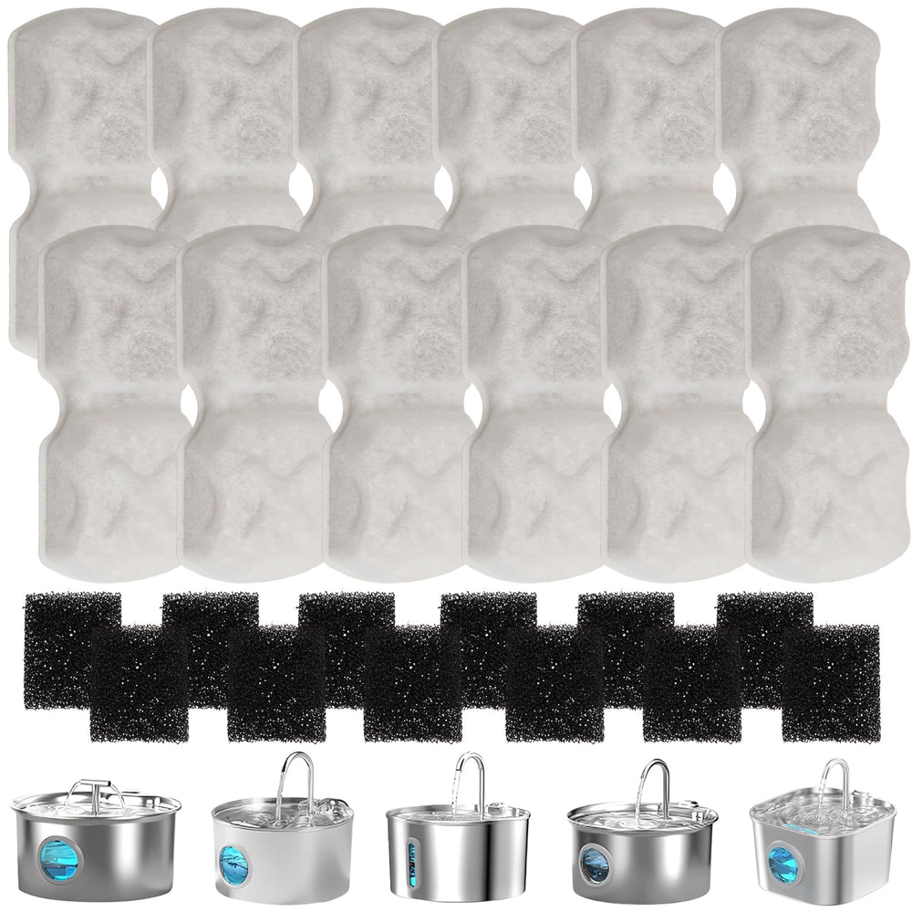 TAIIYAA emballage frontal montrant 24 filtres et mousses pour fontaine, gain de confort