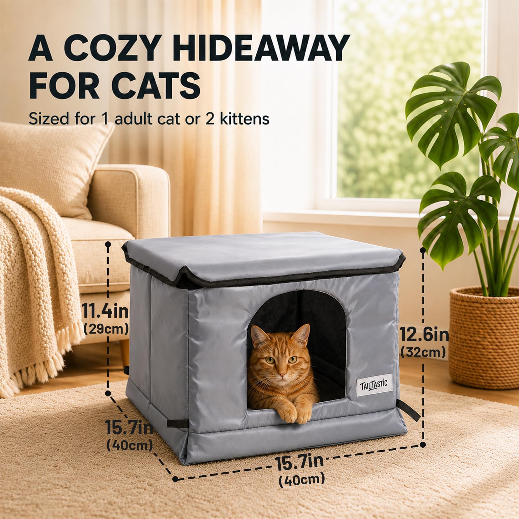 TailTastic niche installée sur patio protégeant un chat dehors