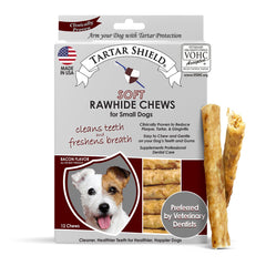 Tartar Shield emballage avant présentant 12 bâtonnets pour petits chiens, praticité