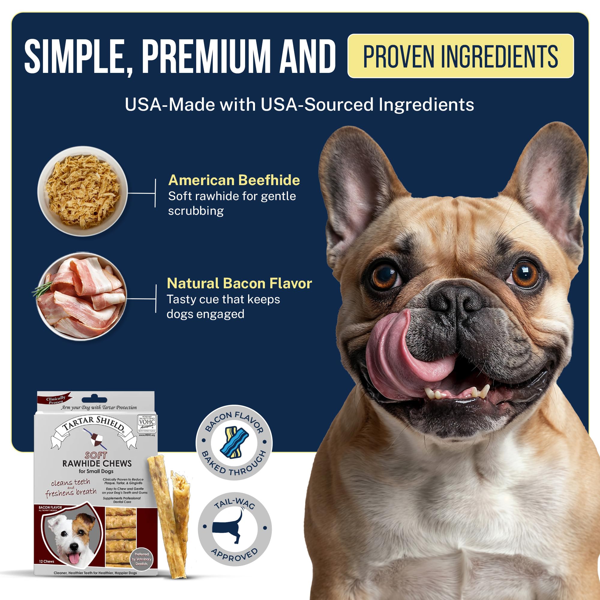 Tartar Shield chien mâchant un bâtonnet, favorise nettoyage doux des dents