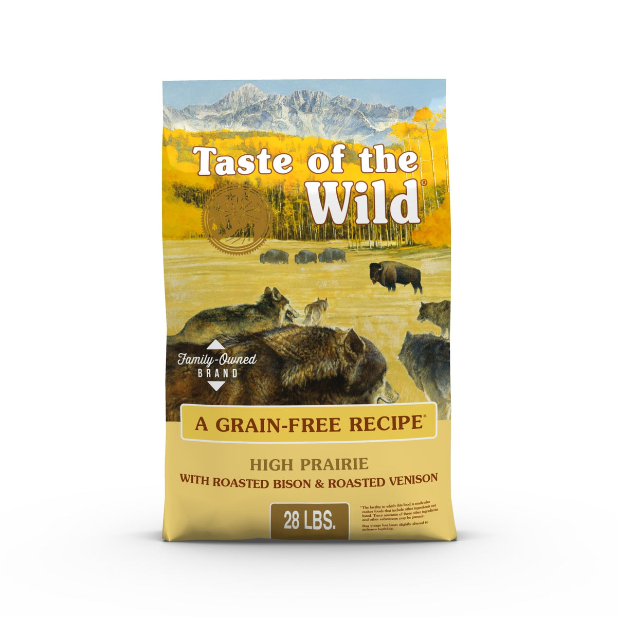 Taste of the Wild emballage avant 28 lb montrant l'étiquette et bénéfice nutritionnel