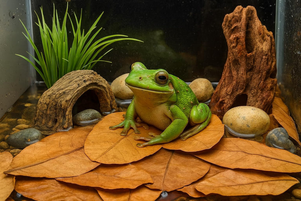 Tender Tropicals feuilles disposées dans un vivarium, favorise cachettes et humidité