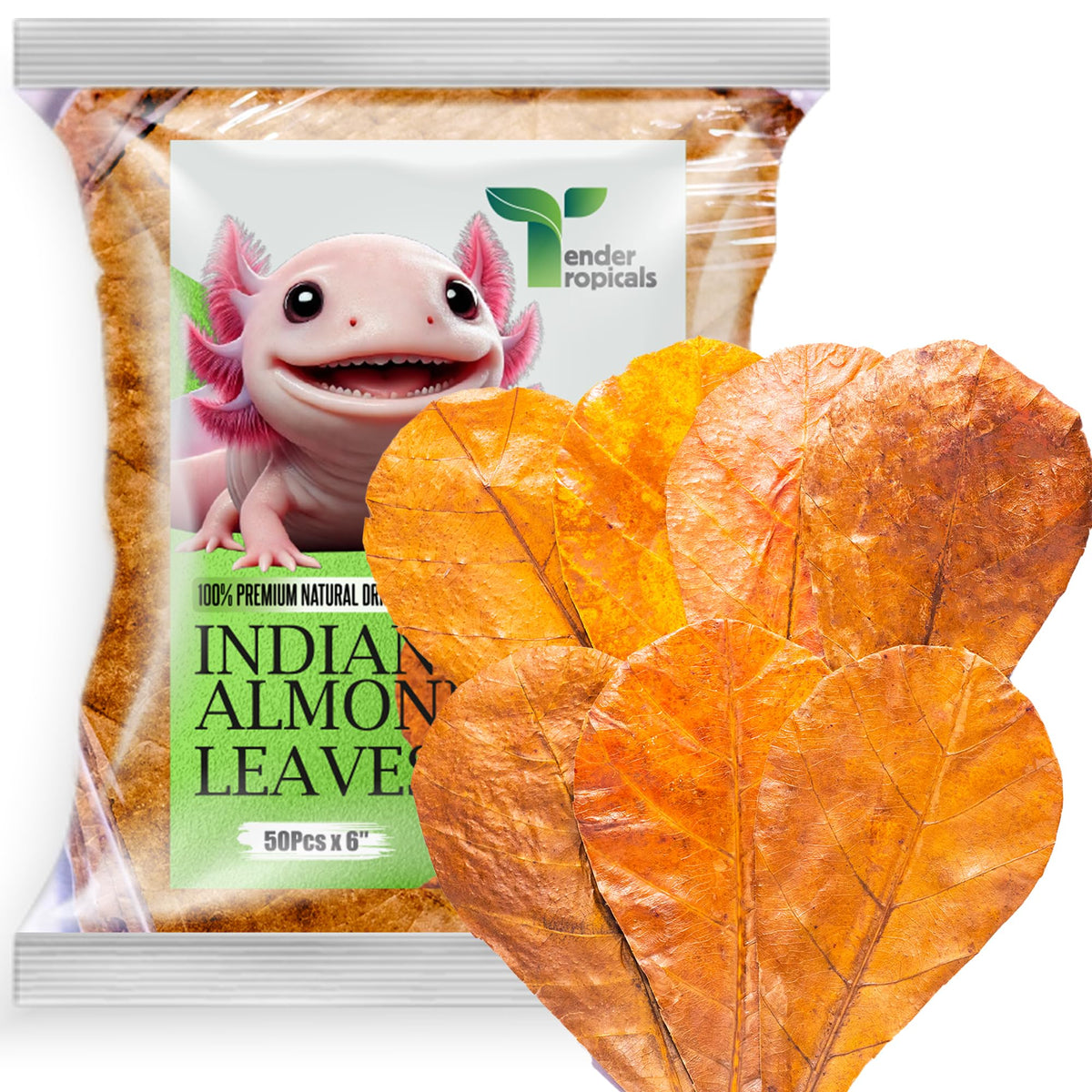 Tender Tropicals emballage avant montrant 50 feuilles, praticité pour aquarium
