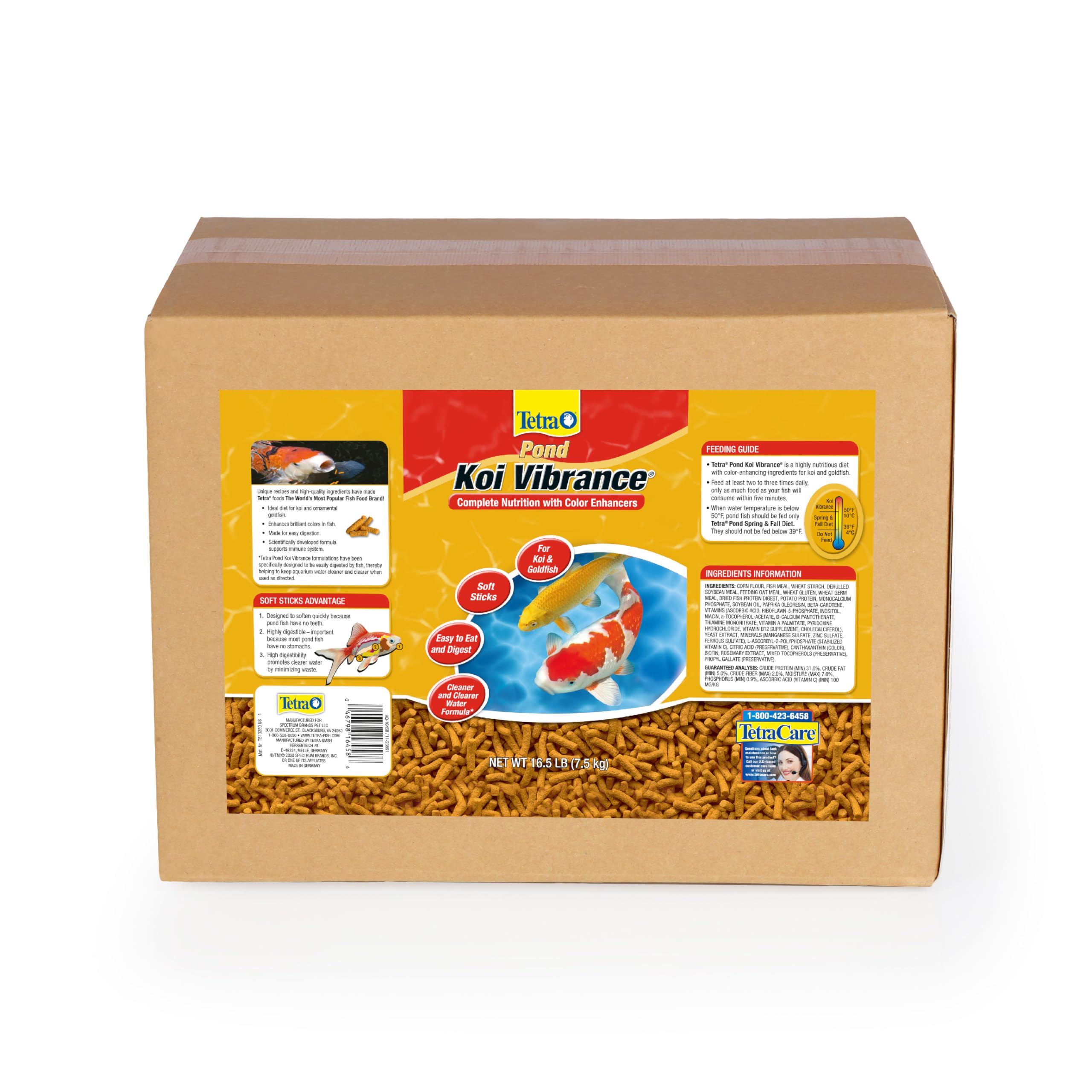 Tetra Pond emballage avant montrant grand sac 16,5 lb et bénéfice conservation
