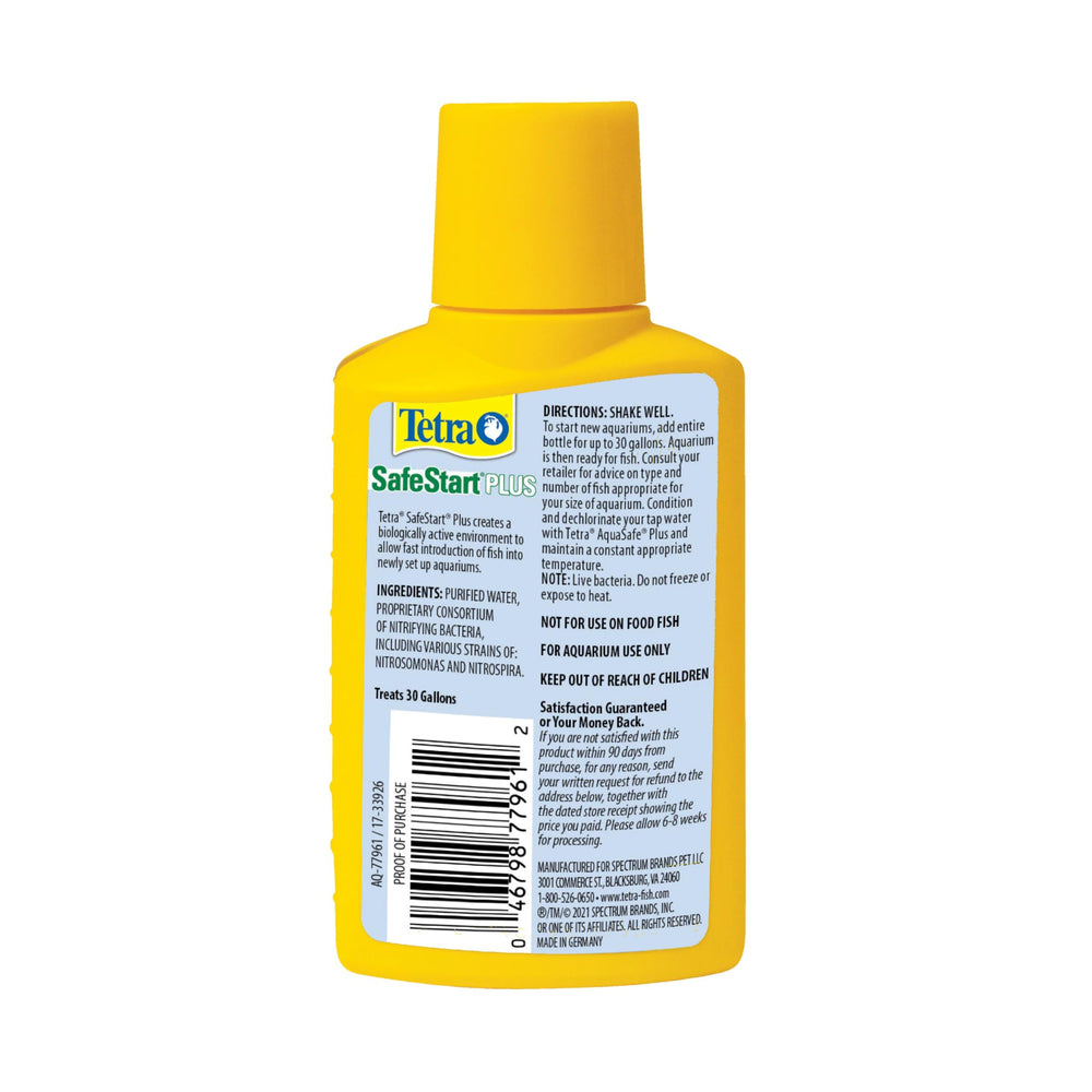 Tetra SafeStart Plus étiquette détaillée expliquant dosage et bénéfice