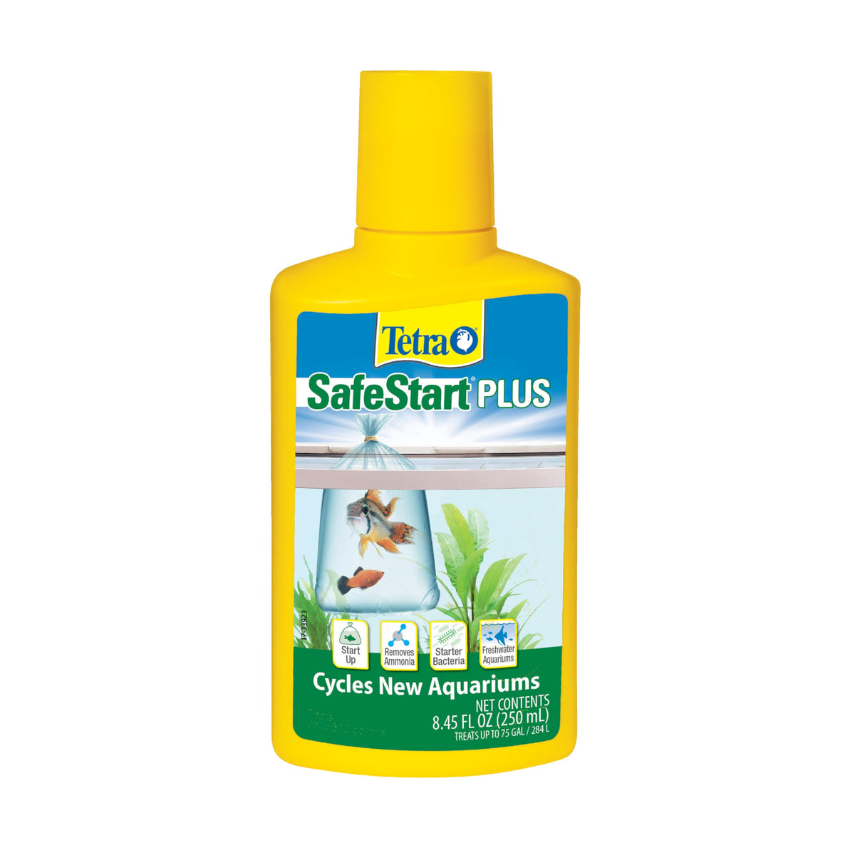 Tetra SafeStart Plus flacon face montrant l'emballage et l'usage rapide