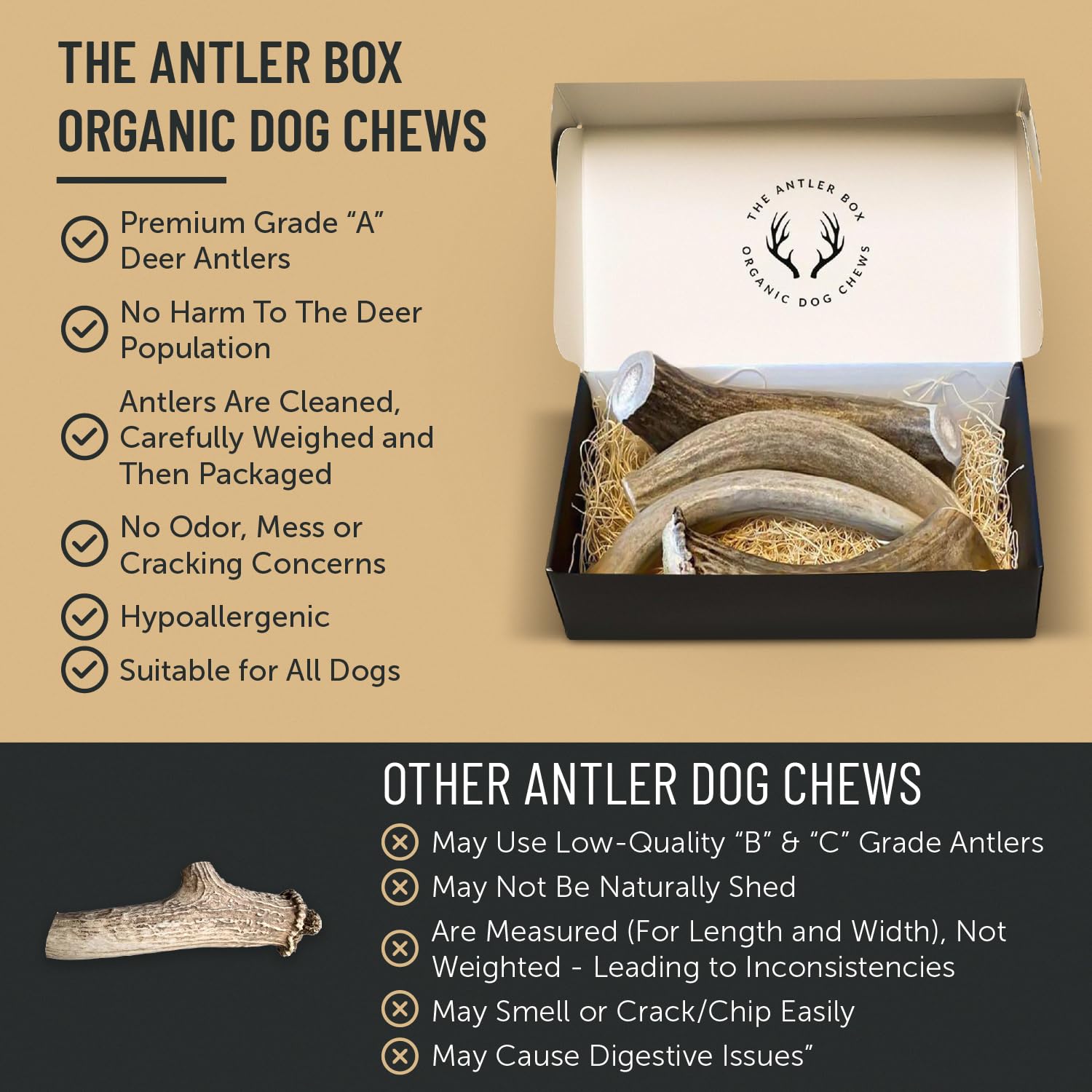 The Antler Box étiquette produit montrant grade A et bénéfice transparence