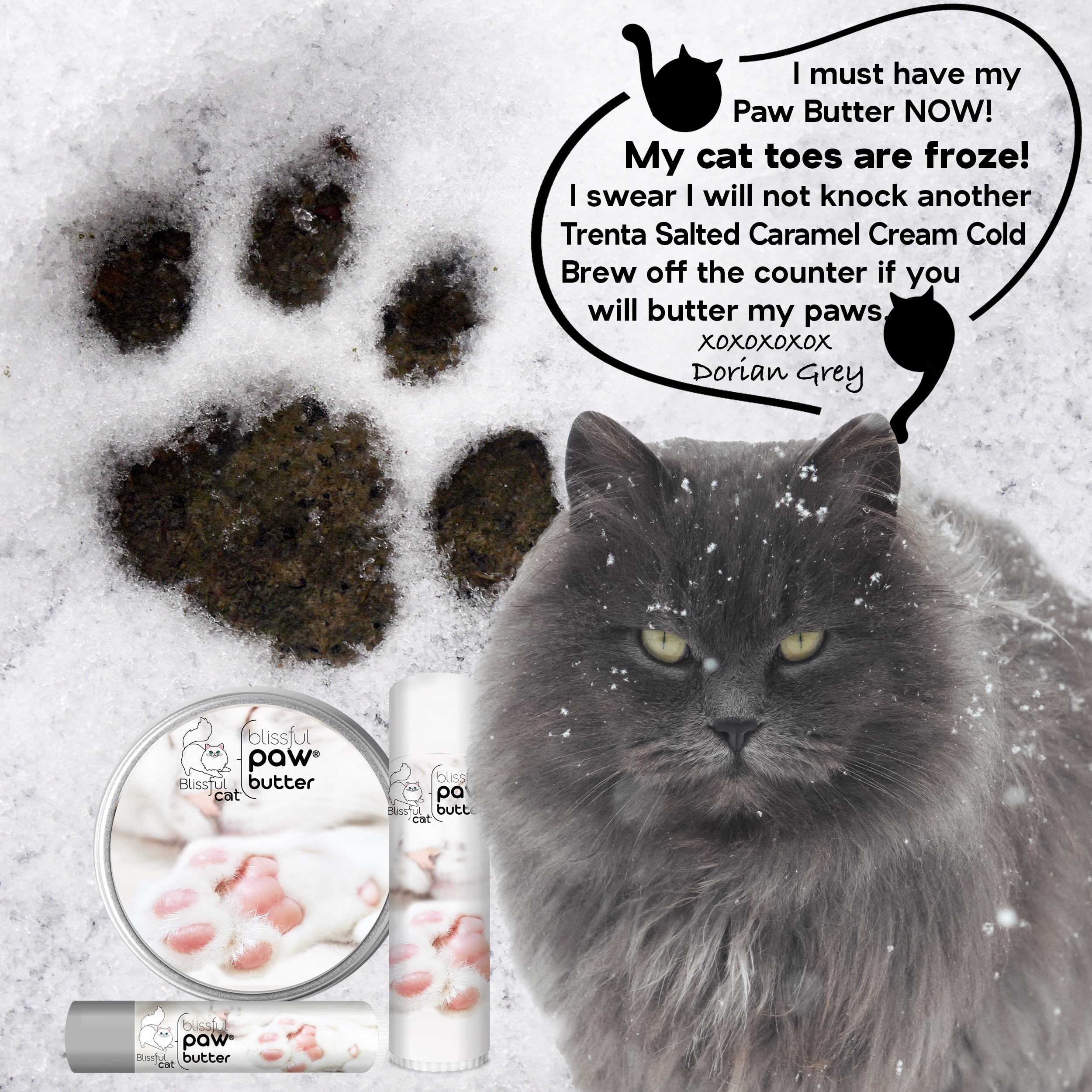 The Blissful Cat Paw Butter posé avec ingrédients naturels témoignant de la pureté