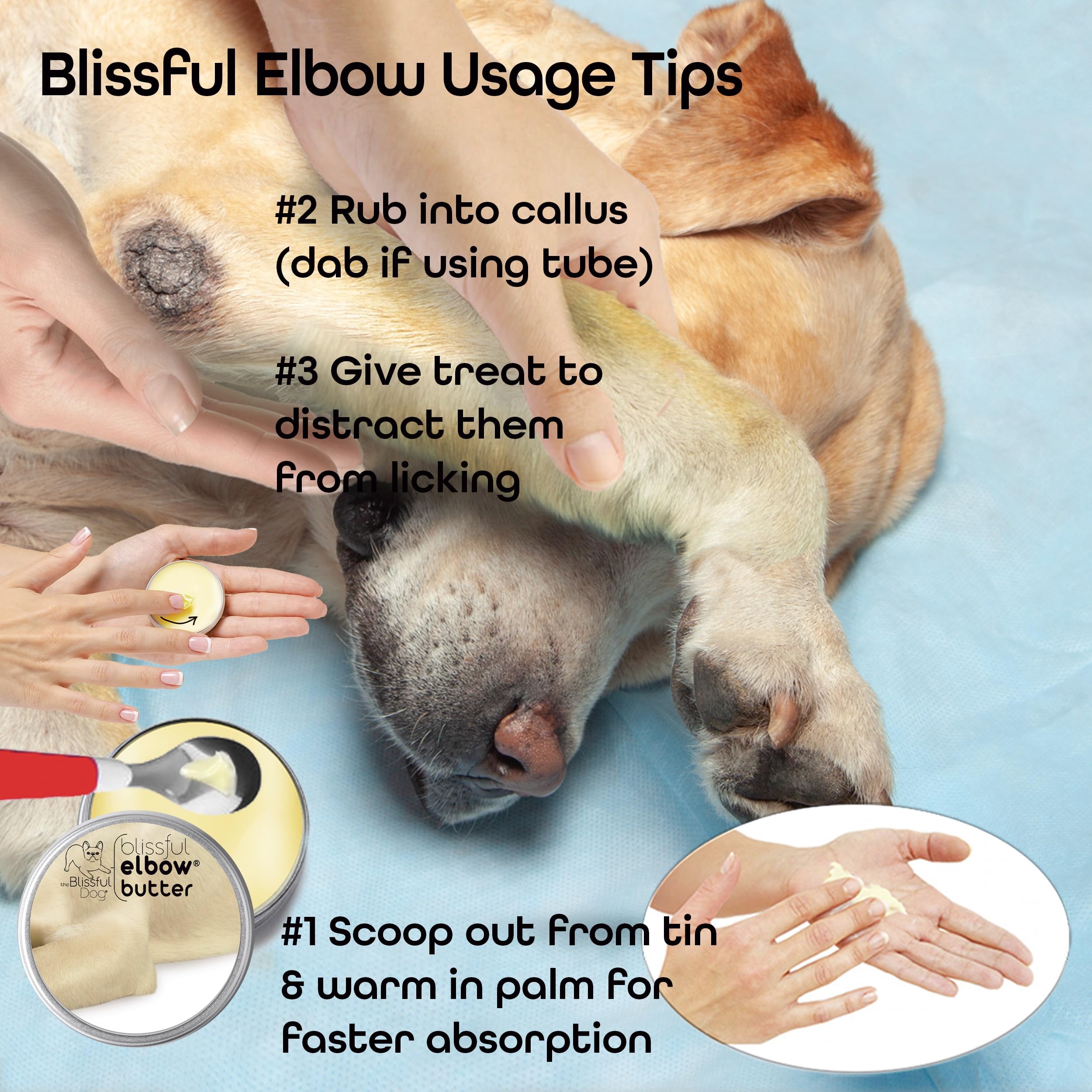 The Blissful Dog avant apres coude montrant amélioration visible et protection