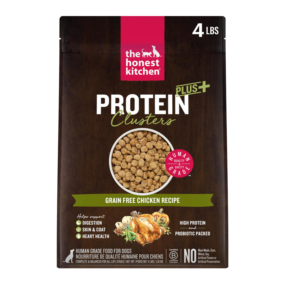The Honest Kitchen emballage face montrant la recette Protein Plus poulet et bénéfice clarté