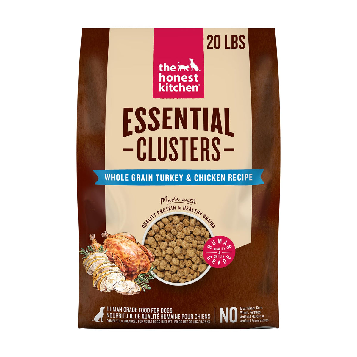 The Honest Kitchen sac avant produit montrant label human grade et bénéfice transparence
