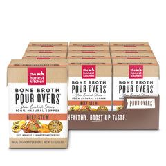 The Honest Kitchen emballage frontal montrant le topper bœuf, facilite le choix