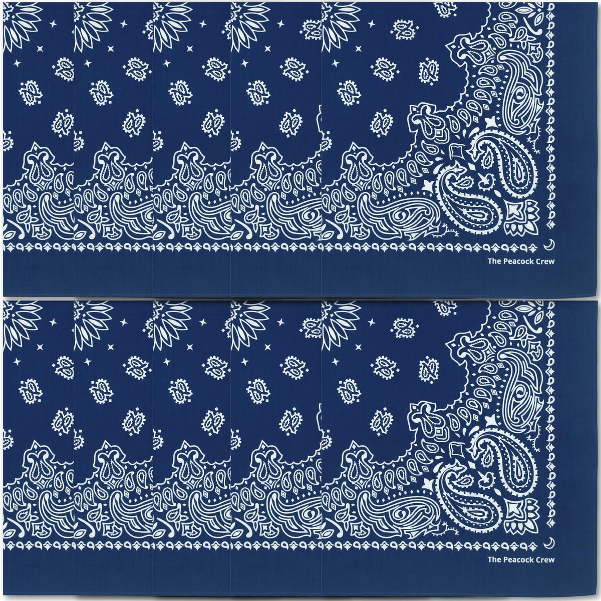 The Peacock Crew bandana face avant montrant couleur bleu marine et finition durable