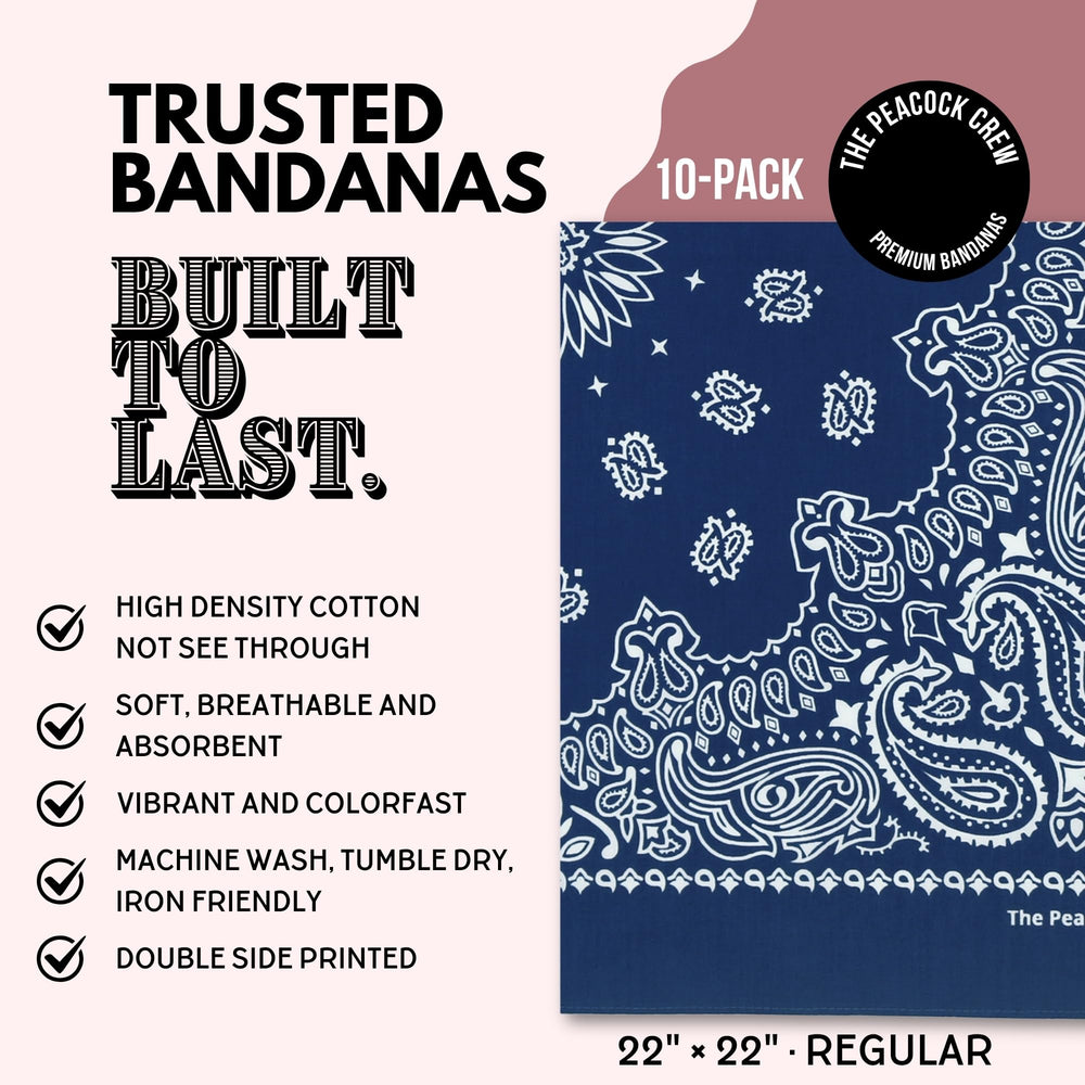 Lot de bandanas The Peacock Crew pliés empilés illustrant économie et polyvalence