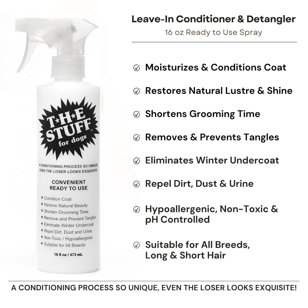 The Stuff spray en action sur un chien facilitant le démêlage