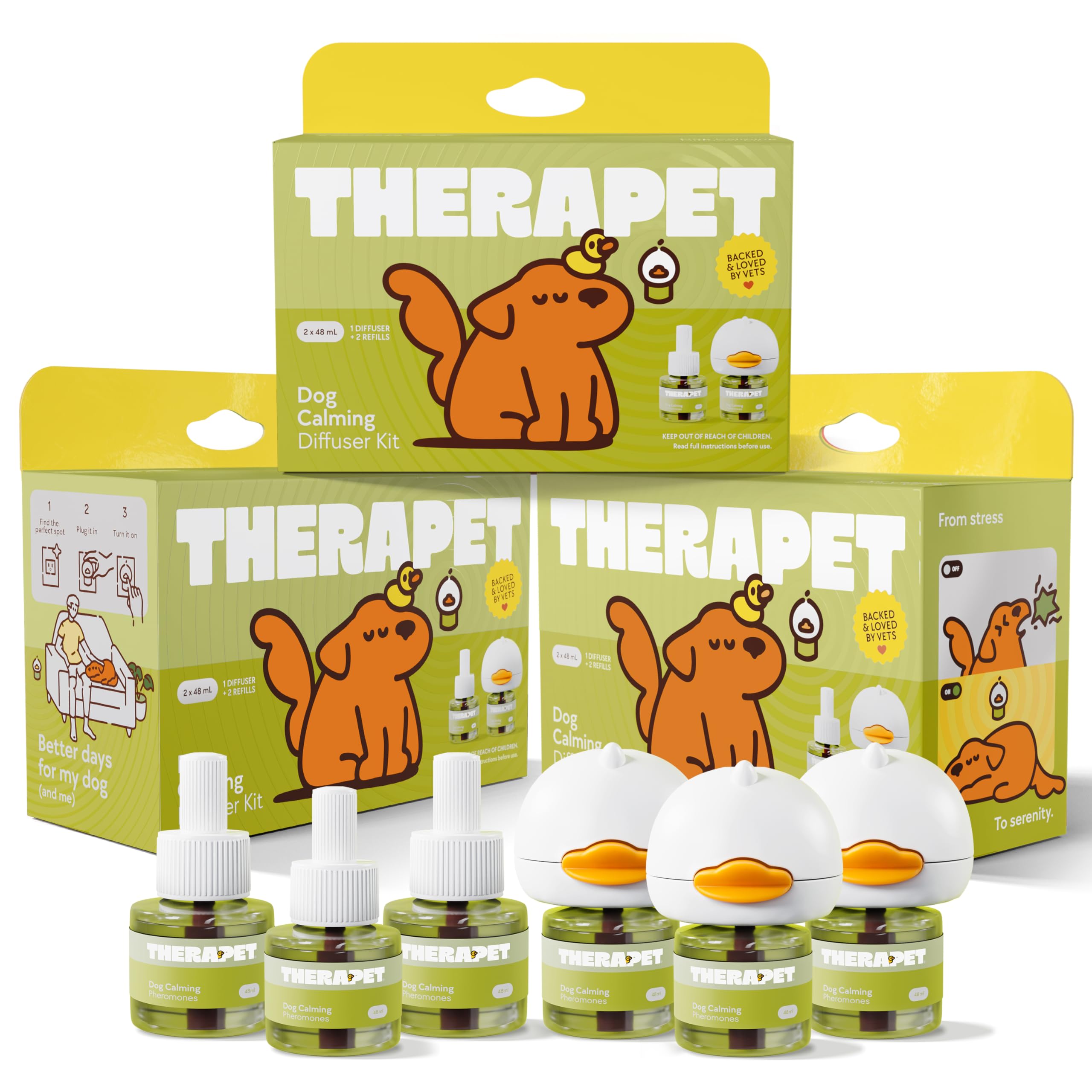 Therapet MD packaging avant montrant les trois diffuseurs et bénéfice sérénité