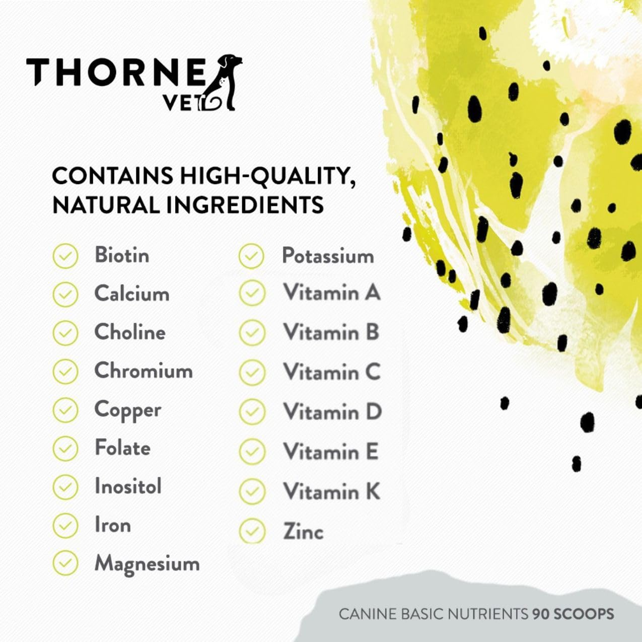 ThorneVet étiquette lisible montrant la liste des vitamines et minéraux pour transparence