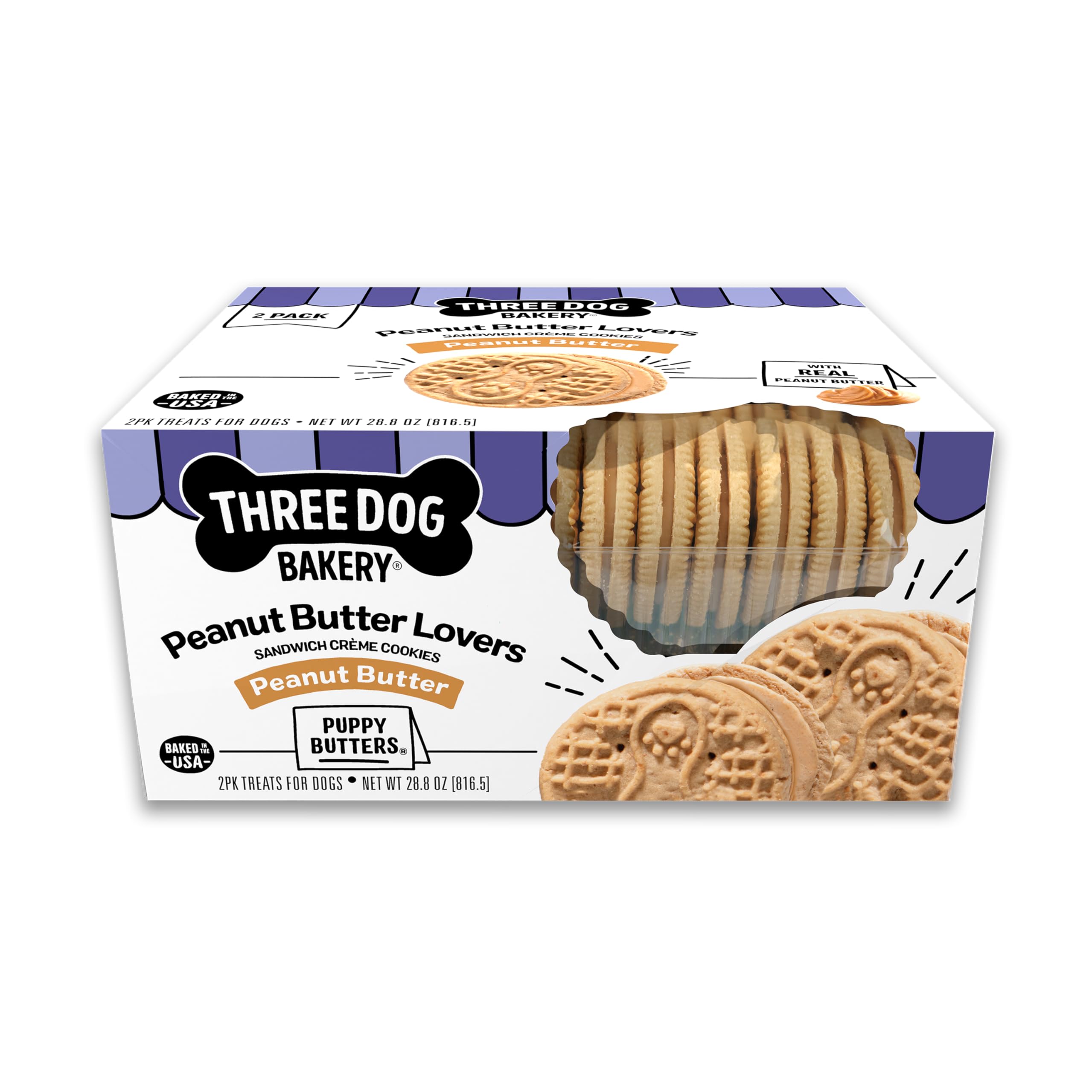 Three Dog Bakery emballage avant présentant biscuits sandwich au beurre de cacahuète, attrait visuel