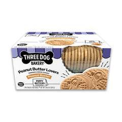 Three Dog Bakery emballage avant présentant biscuits sandwich au beurre de cacahuète, attrait visuel