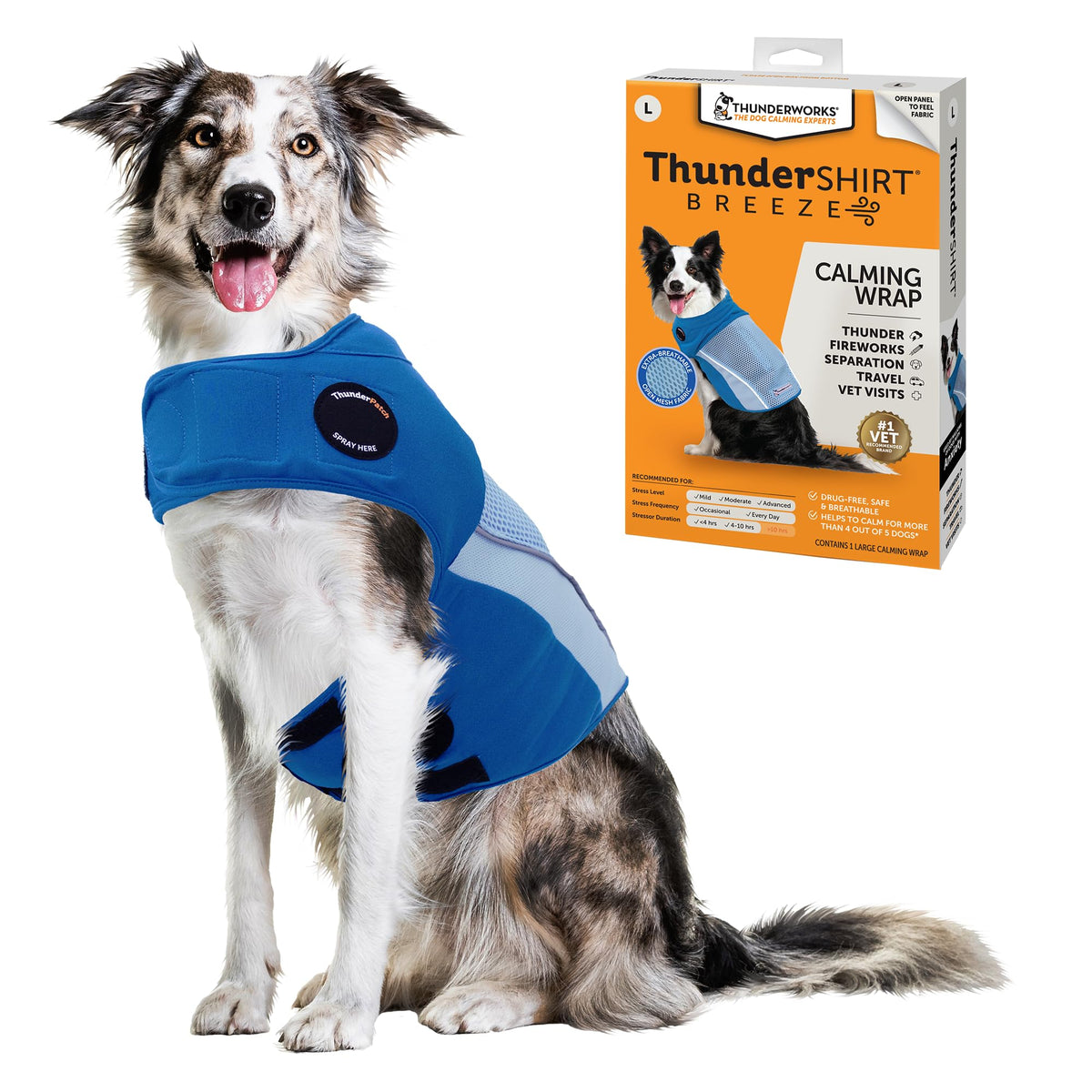 Thundershirt Breeze vue avant du gilet ciel pour maintien apaisant