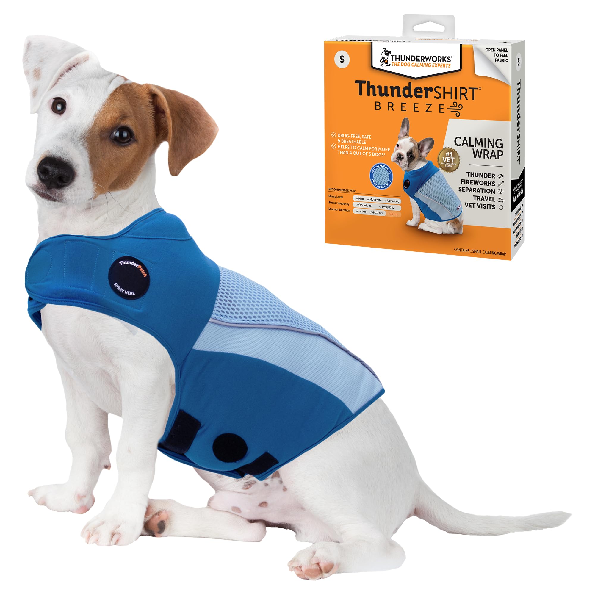 Thundershirt Breeze vue de face sur chien petit format, maintien apaisant
