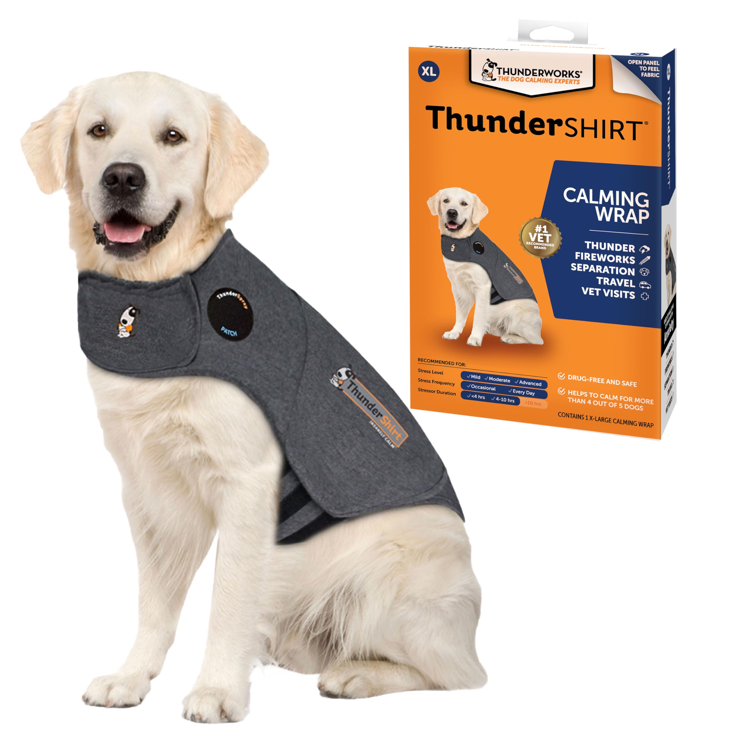 Thundershirt devant de la veste XL gris montrant coupe et maintien, confort assuré
