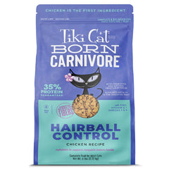 Tiki Cat emballage 6 lb montrant formulation pour boules de poils et protéines élevées