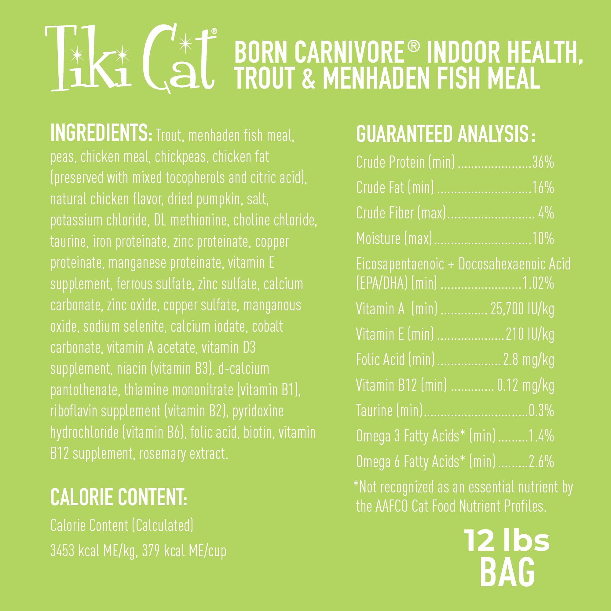 TIKI PETS tableau nutritionnel de la recette indiquant vitamines et taurine ajoutées