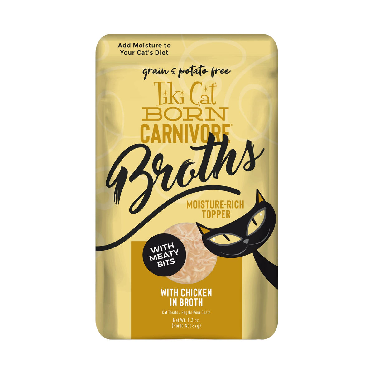 Tiki PETS emballage avant montrant le bouillon poulet, hydratez facilement
