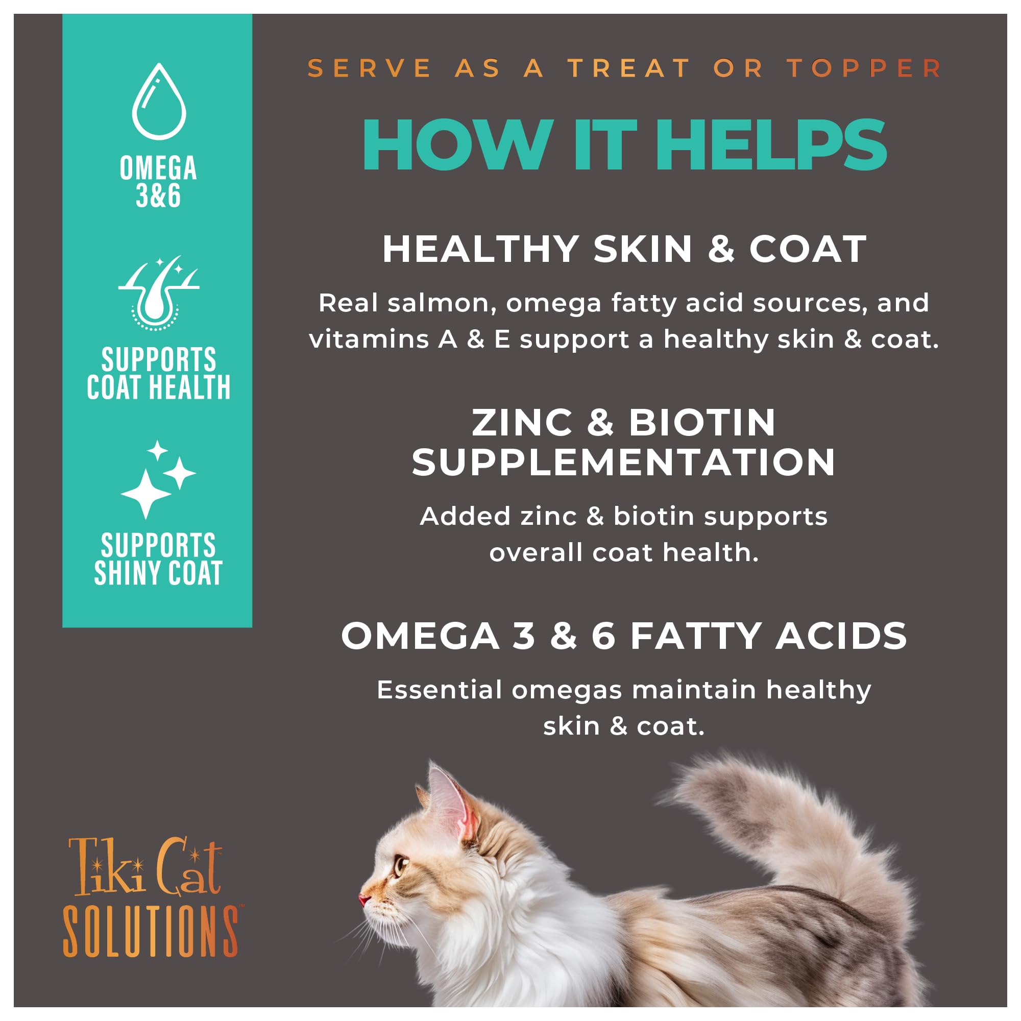 Tiki Cat chat léchant la mousse, favorisant l'acceptation et le plaisir alimentaire