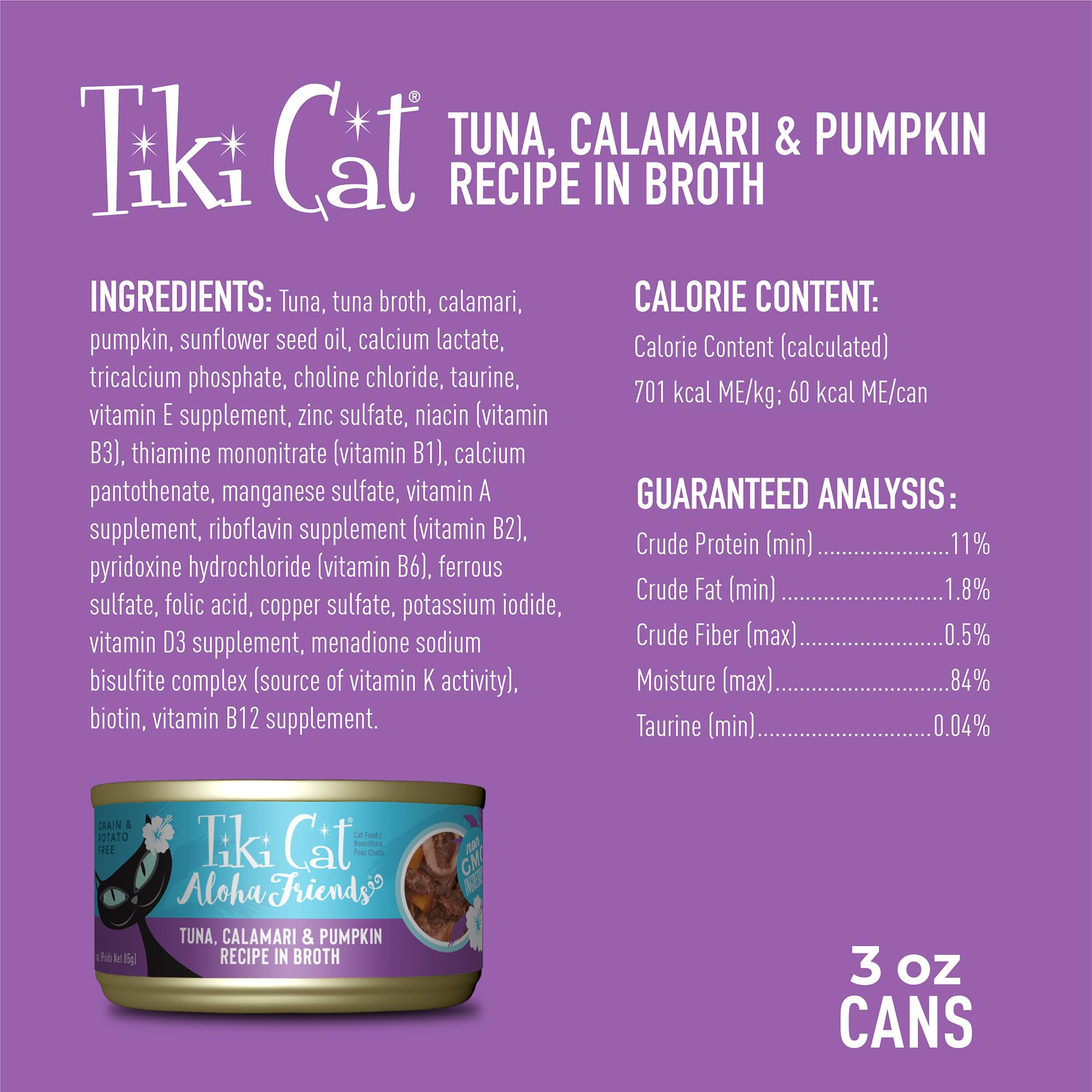 Tiki Cat étiquette nutritionnelle affichant protéines et valeurs clés