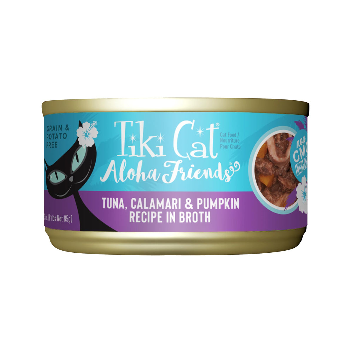 Tiki Cat boîte avant montrant étiquette et avantages nutritionnels