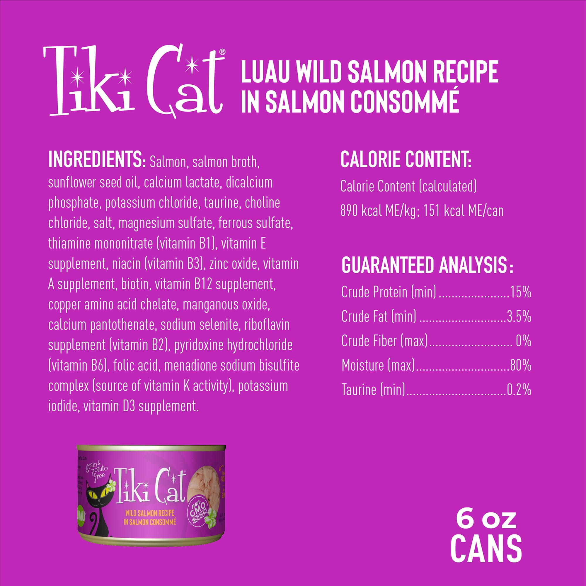 Tiki PETS Tiki Cat Luau étiquette lisible vantant sans céréales et ingrédients naturels