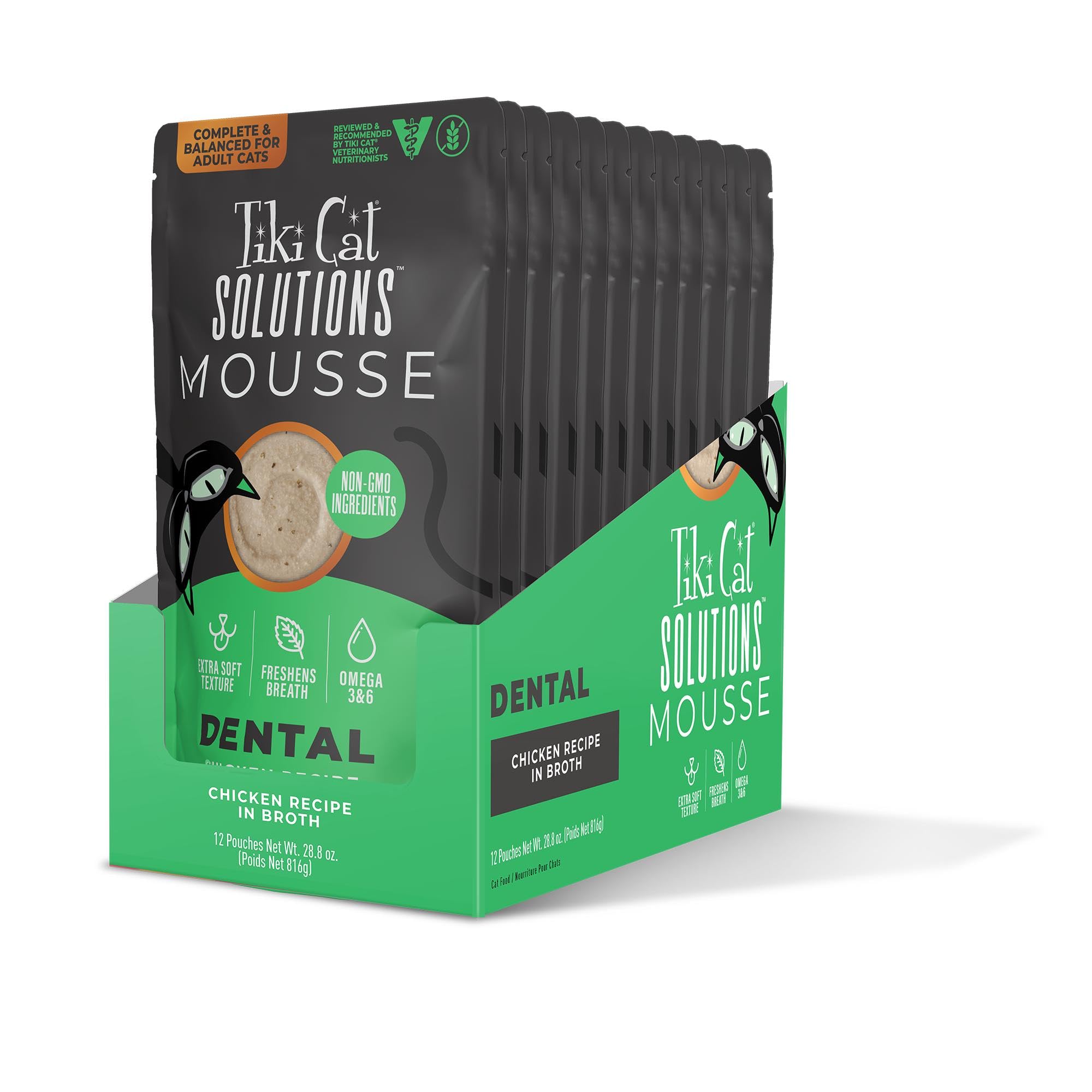 Tiki Cat sachet ouvert révélant la mousse au poulet savoureuse