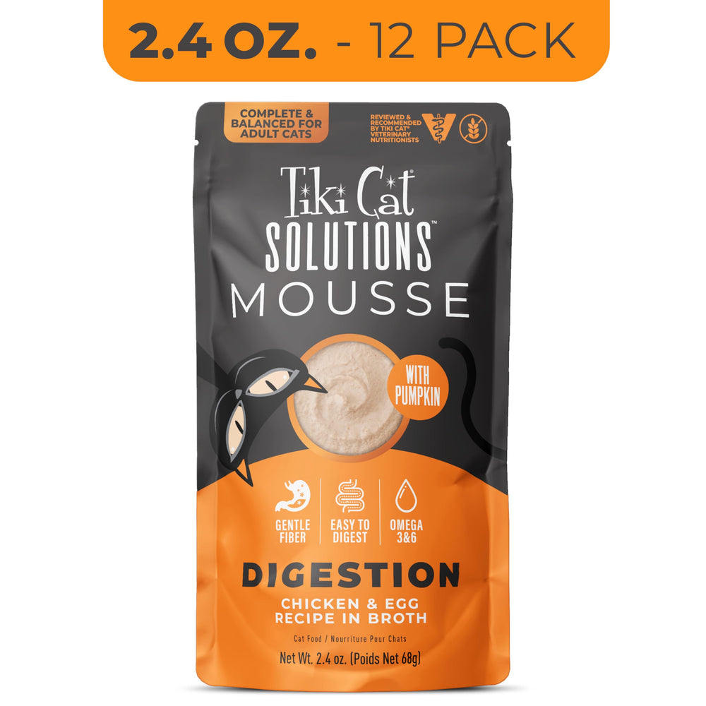 Tiki Cat sachet ouvert révélant mousse soyeuse bénéfique pour transit