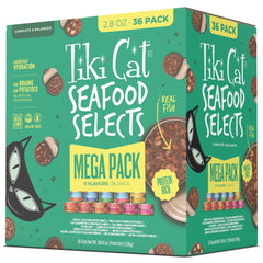 Tiki Cat pack avant montrant 36 boîtes et diversité recettes, praticité