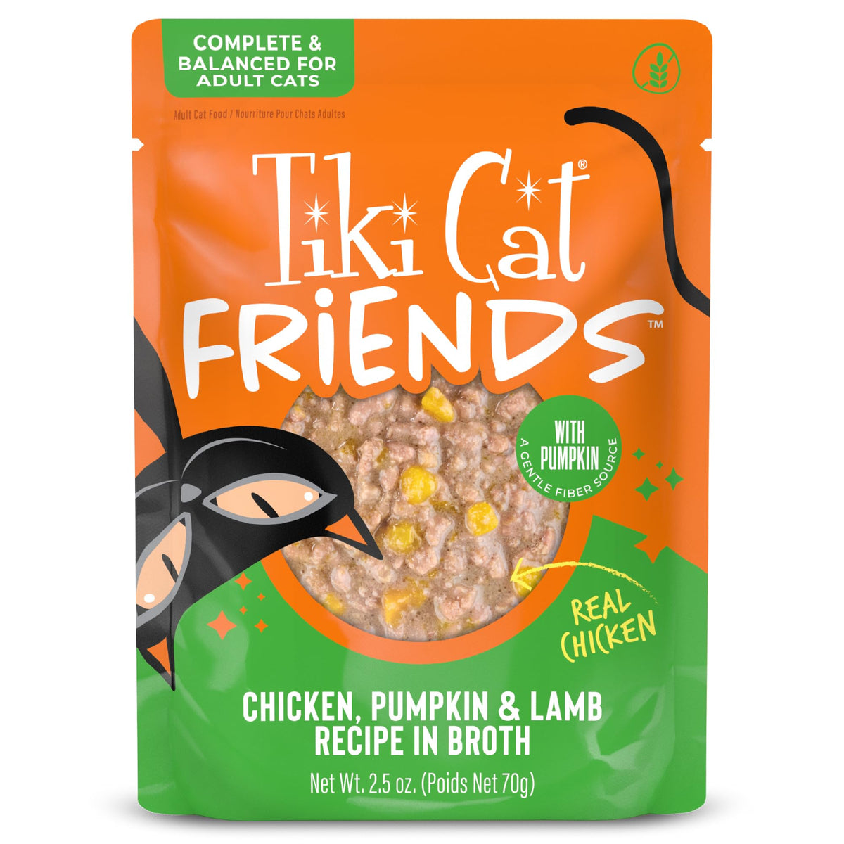 TIKI PETS emballage avant montrant la variété Tiki Cat Friends et attractivité