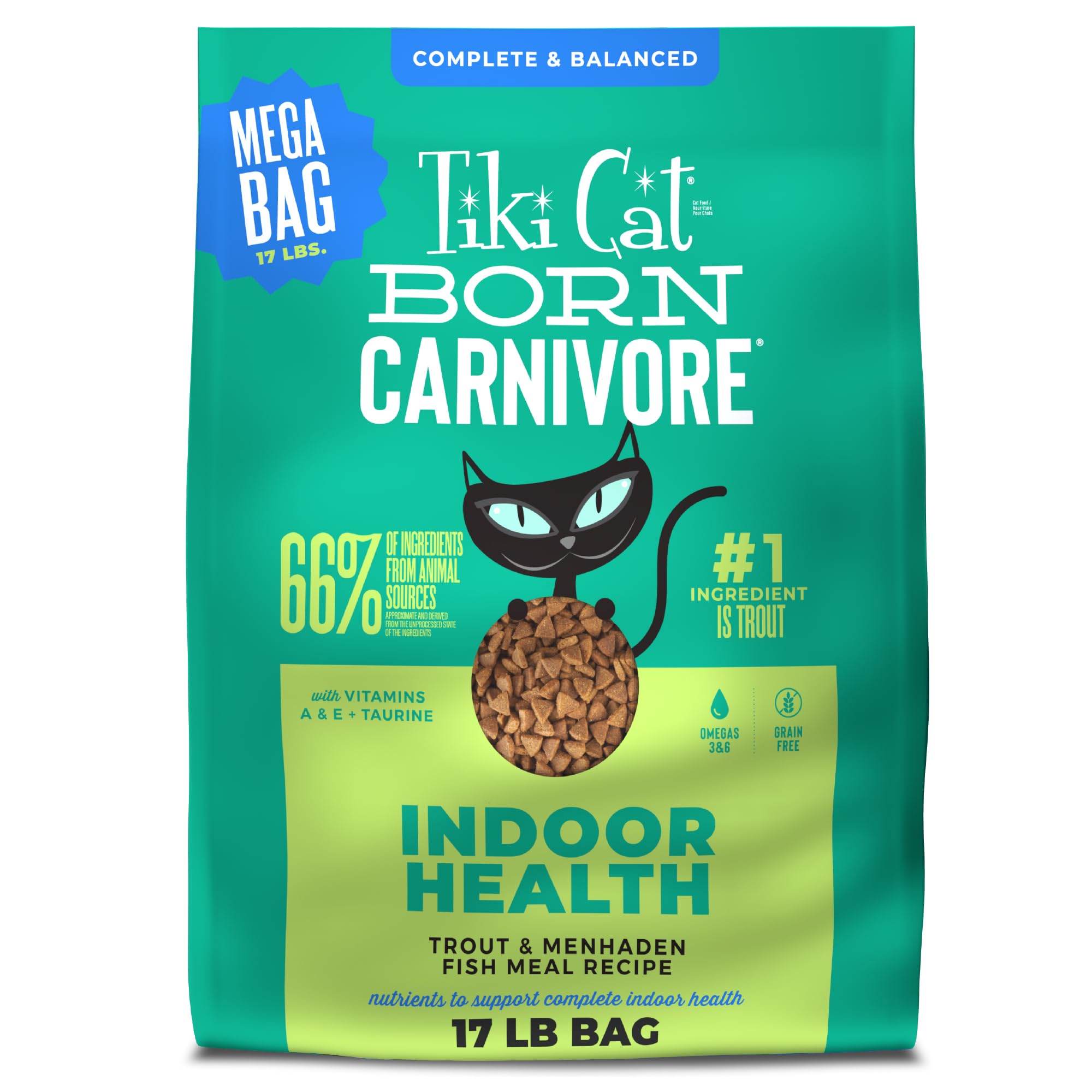 Tiki Cat sac face montrant trout et menhaden, pratique pour repas réguliers
