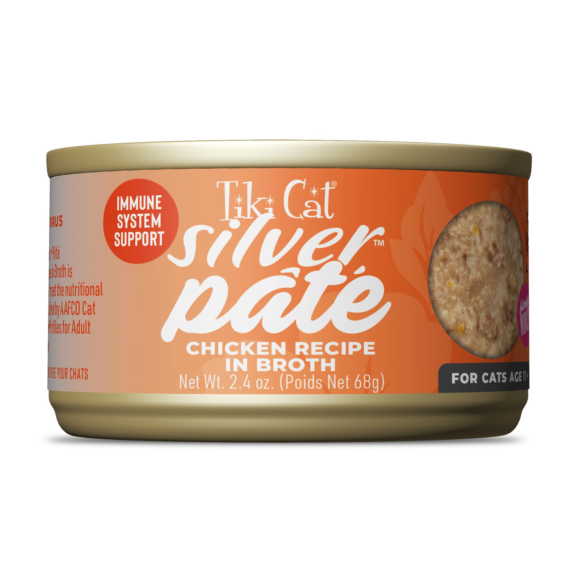 Tiki Cat vue de la face de la boîte montrant le poulet et l'avantage appétant