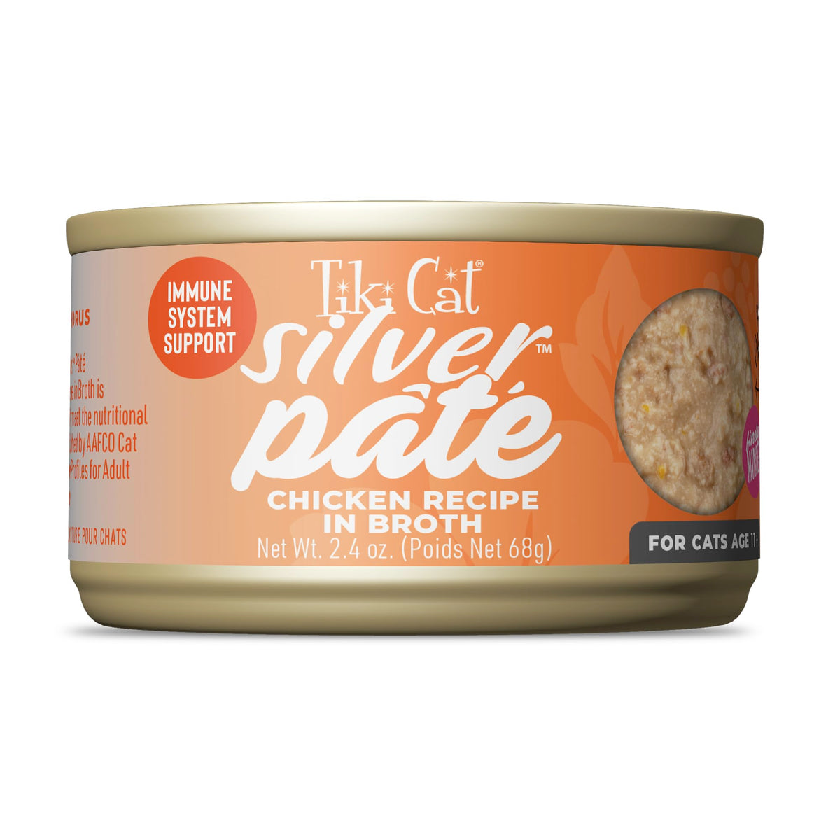 Tiki Cat vue de la face de la boîte montrant le poulet et l'avantage appétant