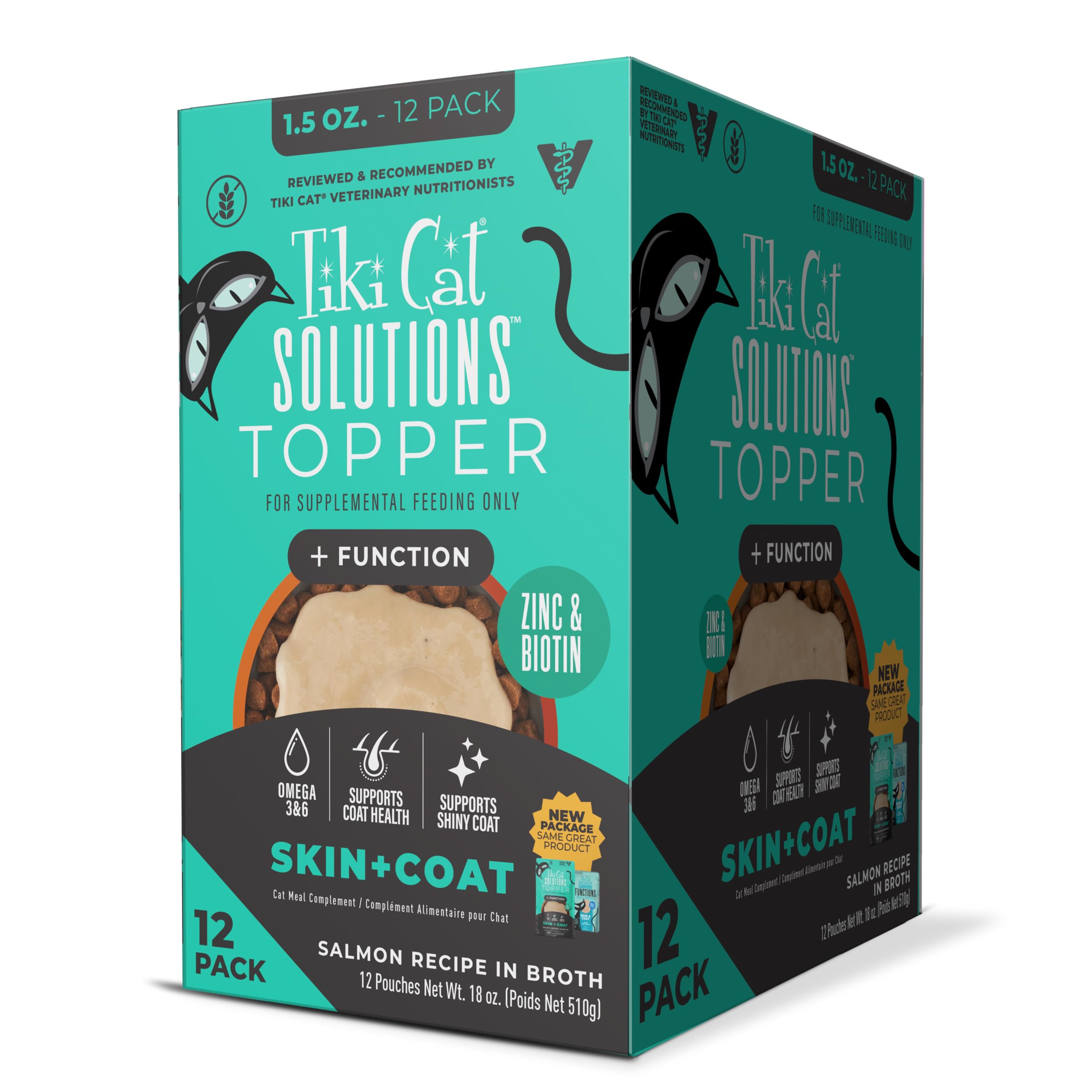 Tiki Cat sachet packaging montrant l'étiquette et l'avantage hydratation
