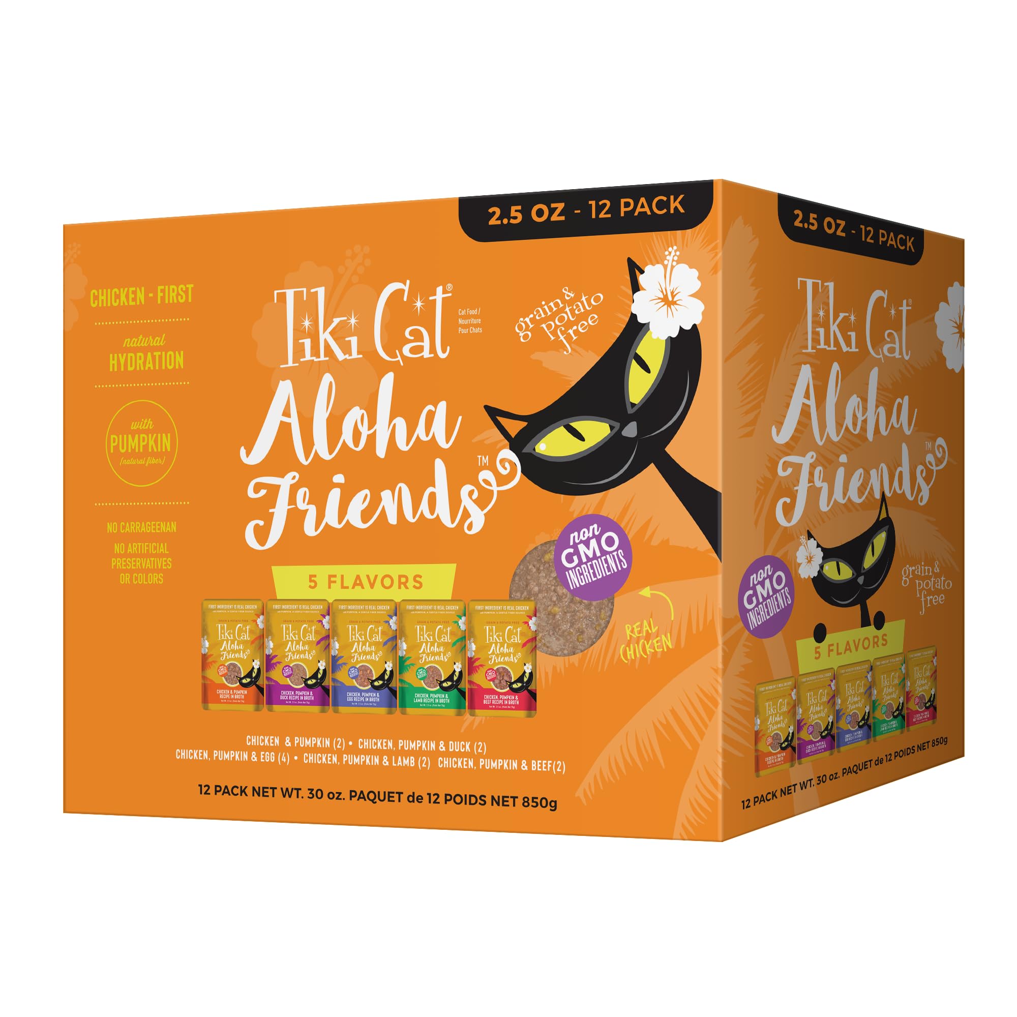 TIKI PETS face avant du pack varié montrant 12 sachets, utile pour choisir facilement