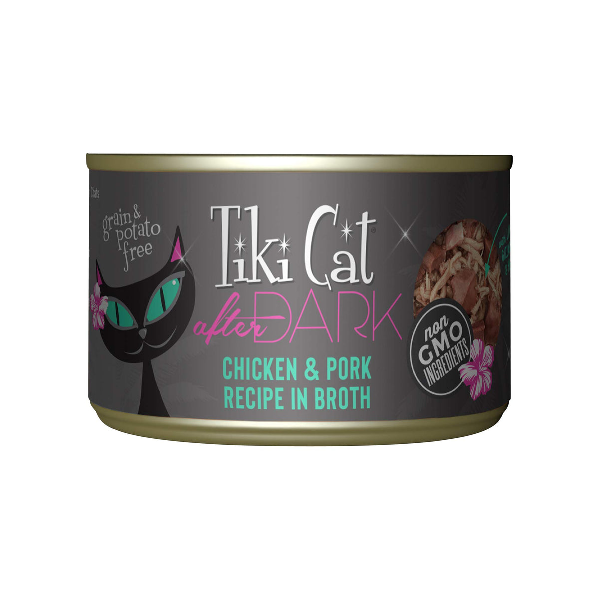 TIKI PETS boîte face montrant la recette Poulet & Porc, attrayante et claire