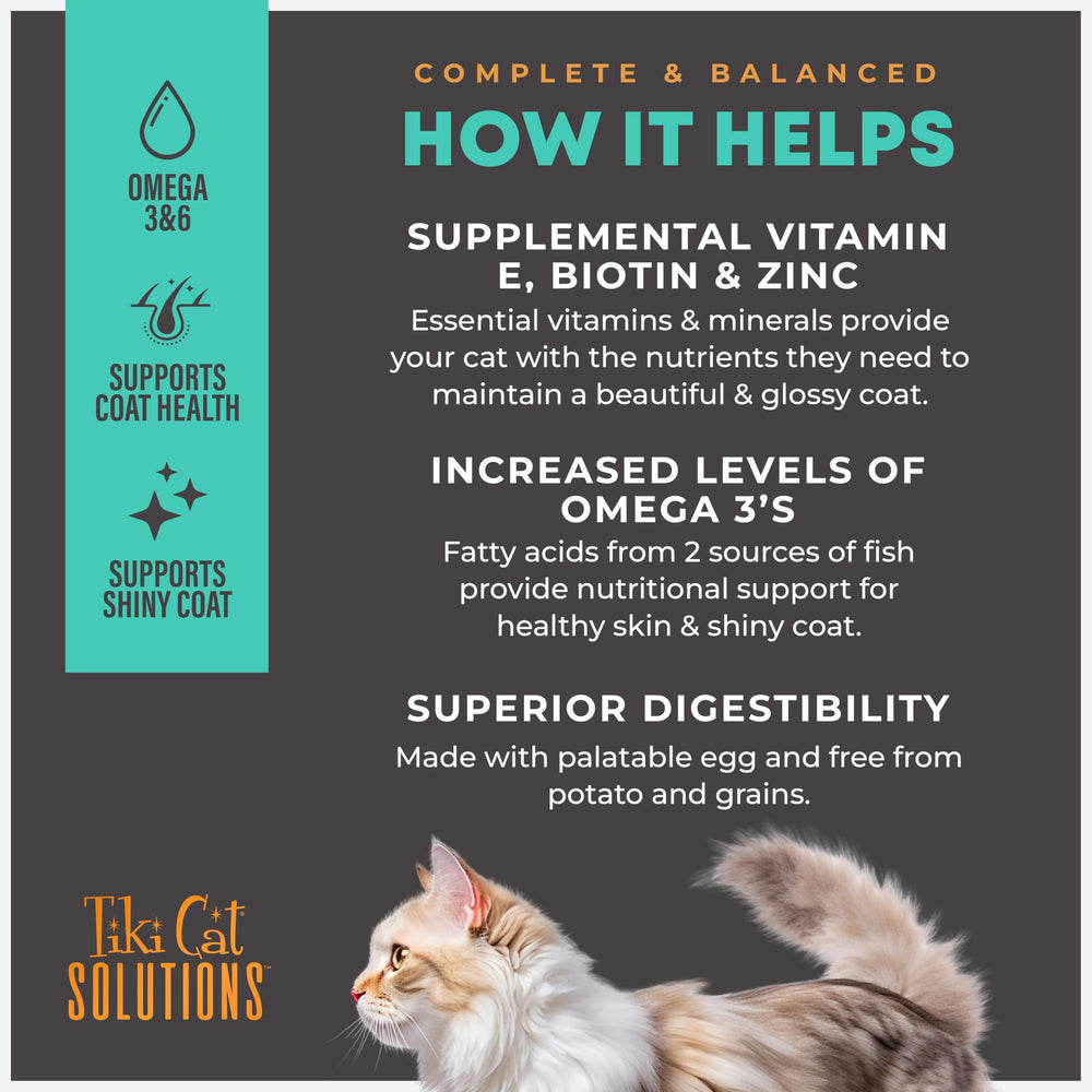 TIKI PETS étiquette nutritionnelle affichant protéines et oméga