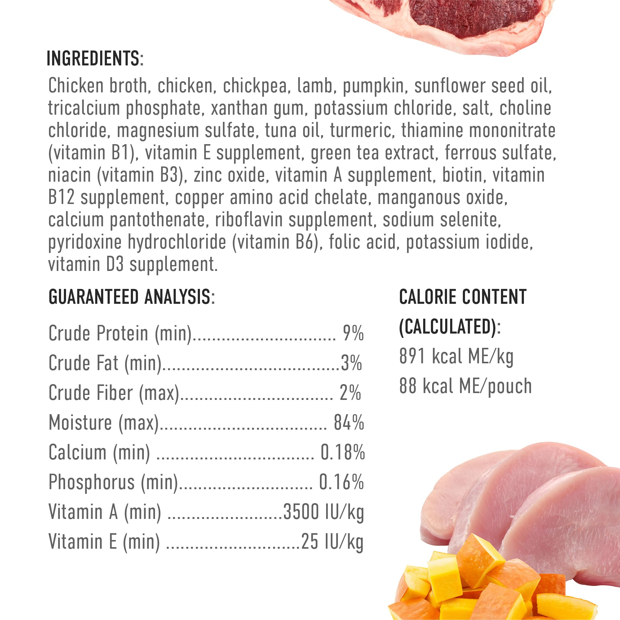 TIKI PETS étiquette détaillée listant poulet, agneau et potiron