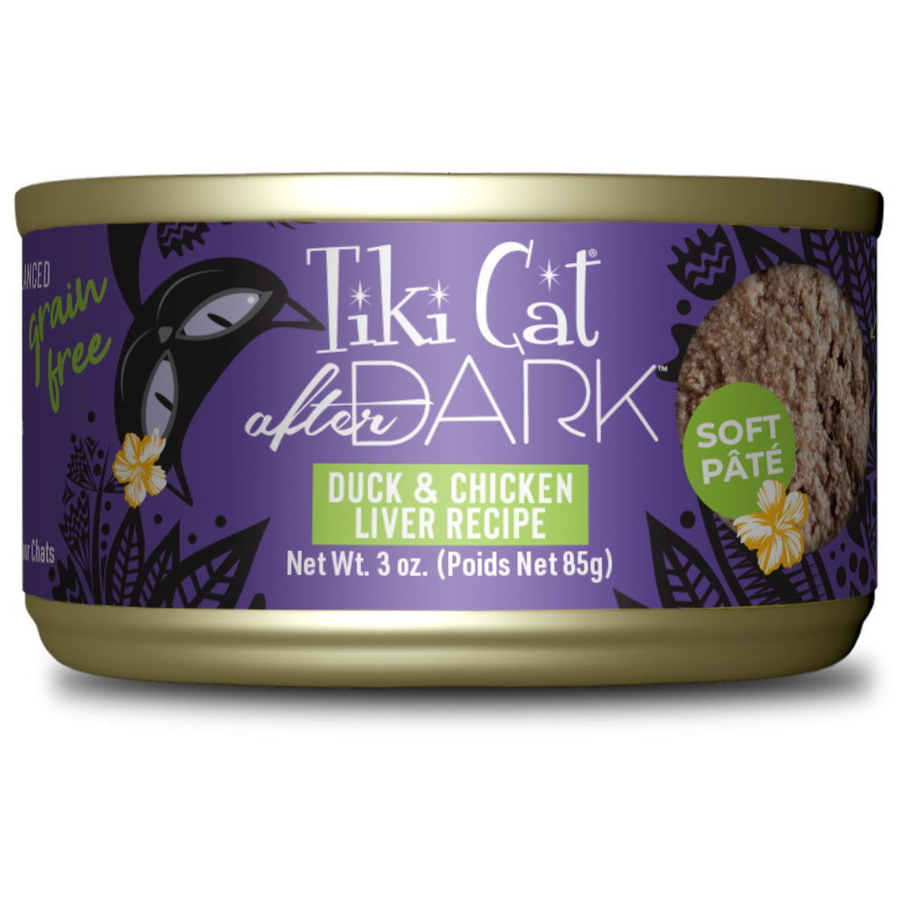 TIKI PETS boîte Tiki Cat After Dark face montrant l'étiquette, appétence accrue